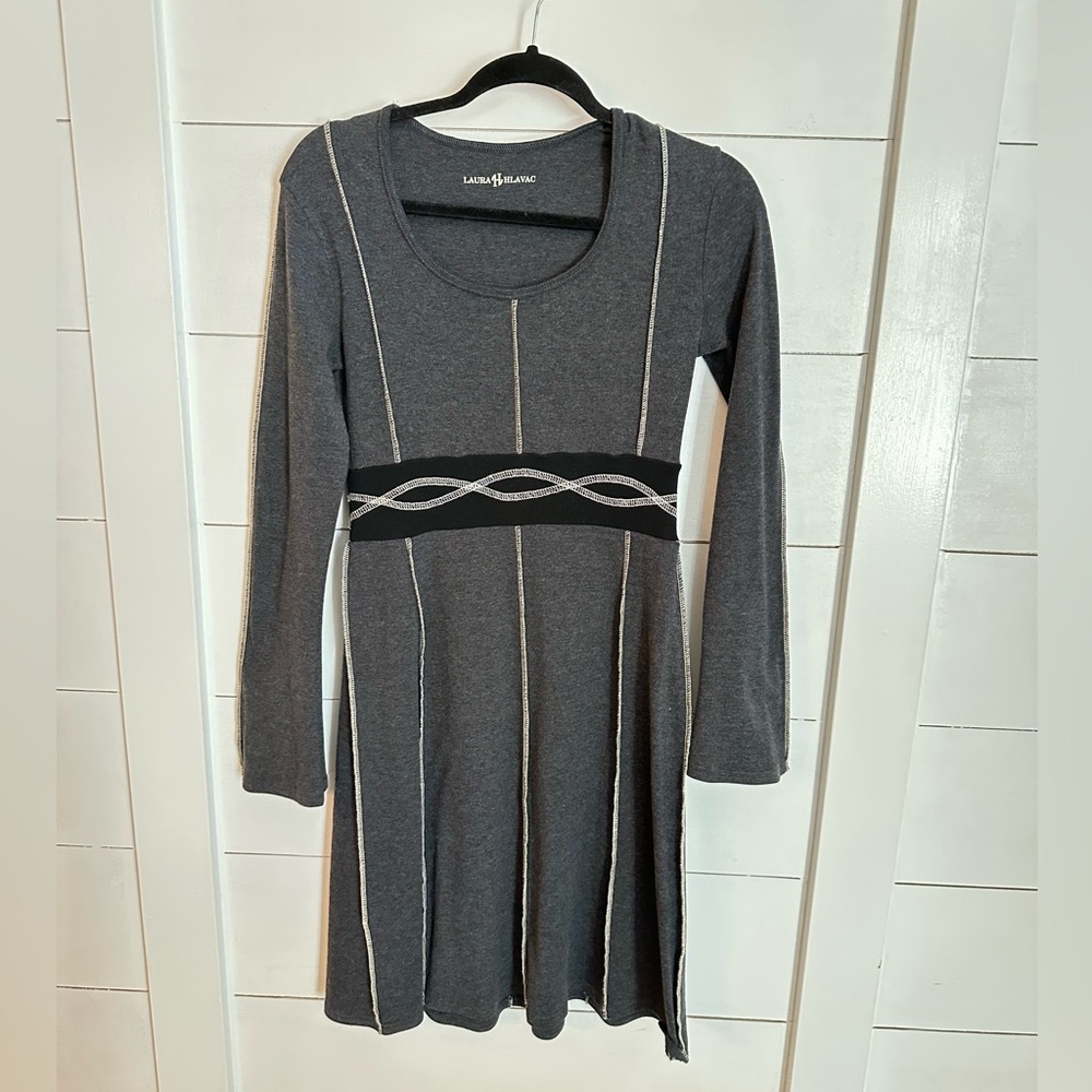 LAURA HLAVAC M Grey-black knit long sleeve cotton-spandex blend midi dress boho